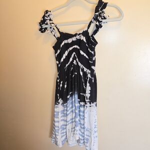 Kiwi + Punch Black and White Tie-Dye Mini Dress Flutter Sleeves Smocking Detail